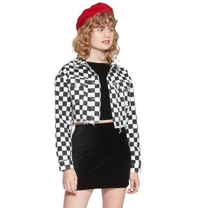 Checkered Cropped Distressed Denim Jacket Medium